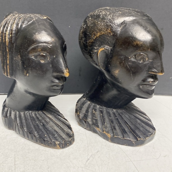 African Hand Carved Ebony Wood Bust Sculptures Tribal Head Set of Two - Picture 1 of 14